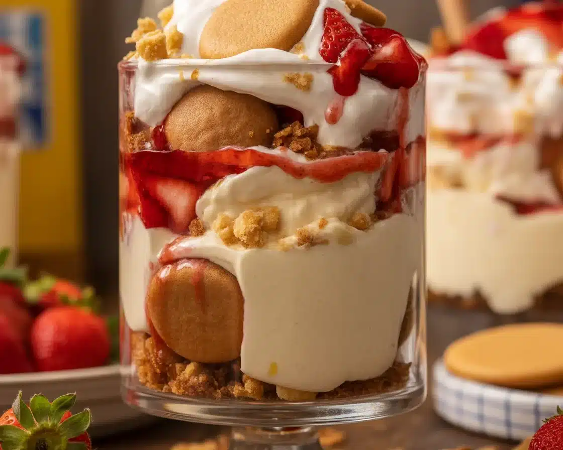 Delicious Strawberry Banana Pudding Dream Dessert layered with fruit and cookies.