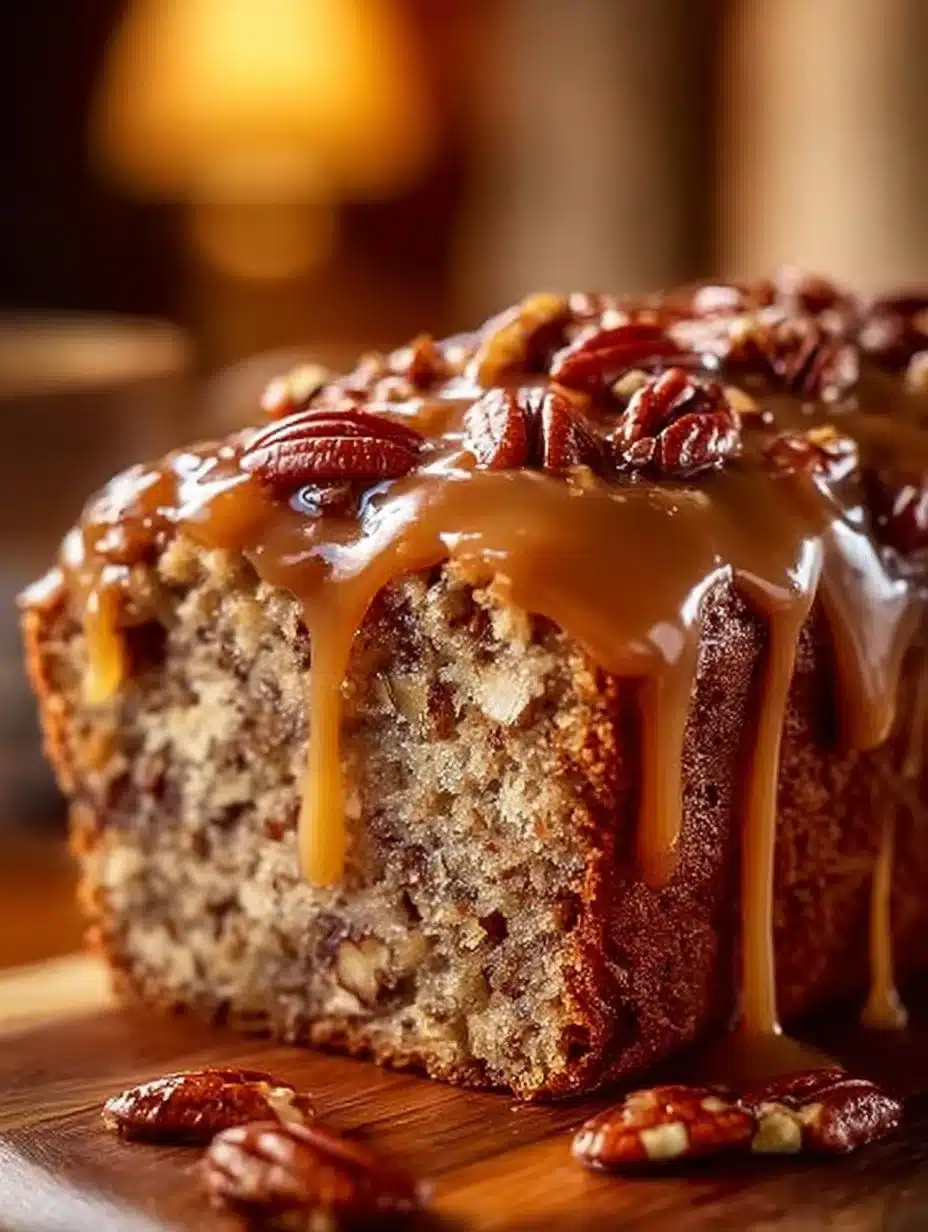 Delicious Sweet Caramel Pecan Banana Bread loaf ready for serving