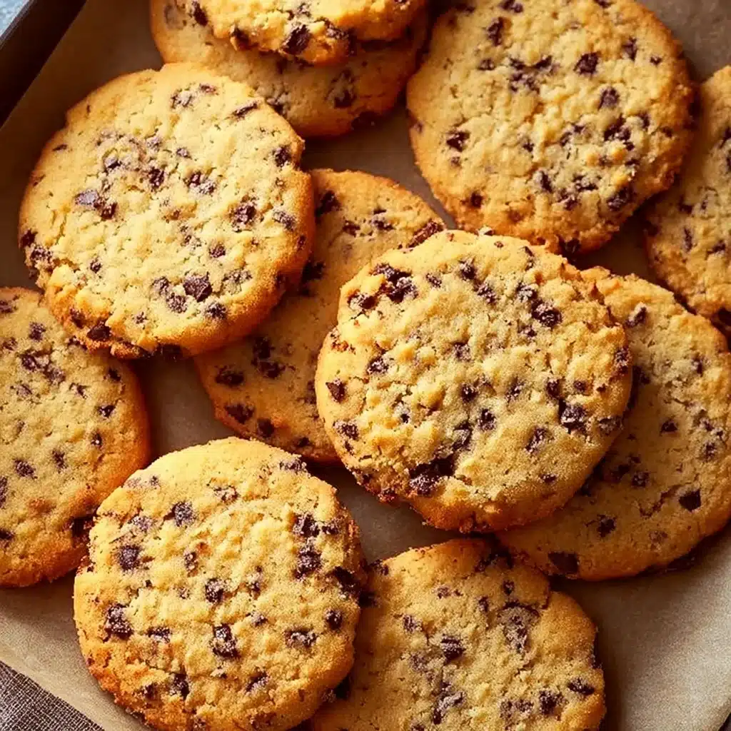 Sweet chocolate chip and toffee shortbread cookies on a baking tray