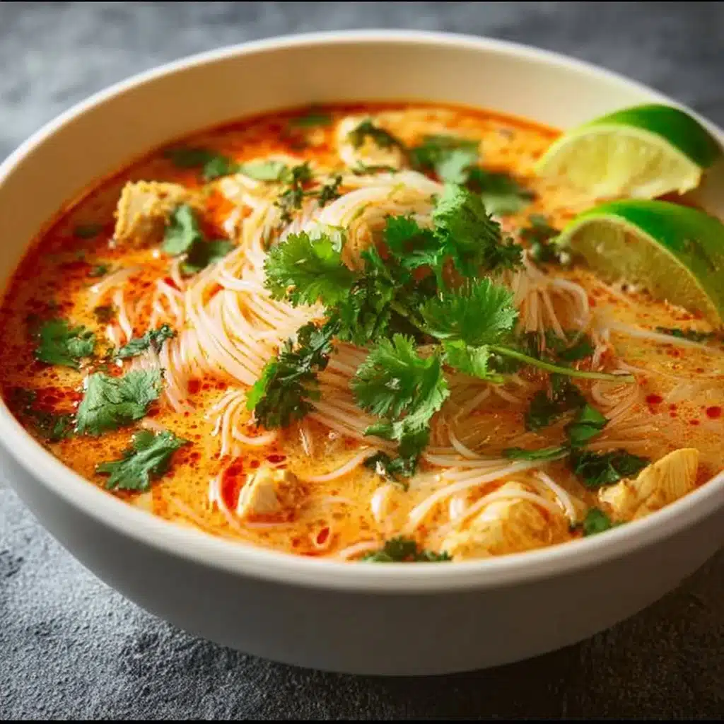 Bowl of Thai red curry noodle soup with vegetables and herbs