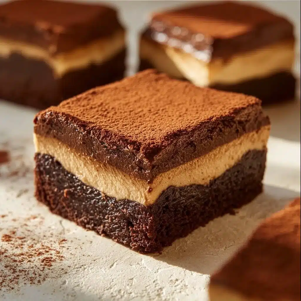 Delicious Tiramisu Brownies topped with cocoa and coffee.
