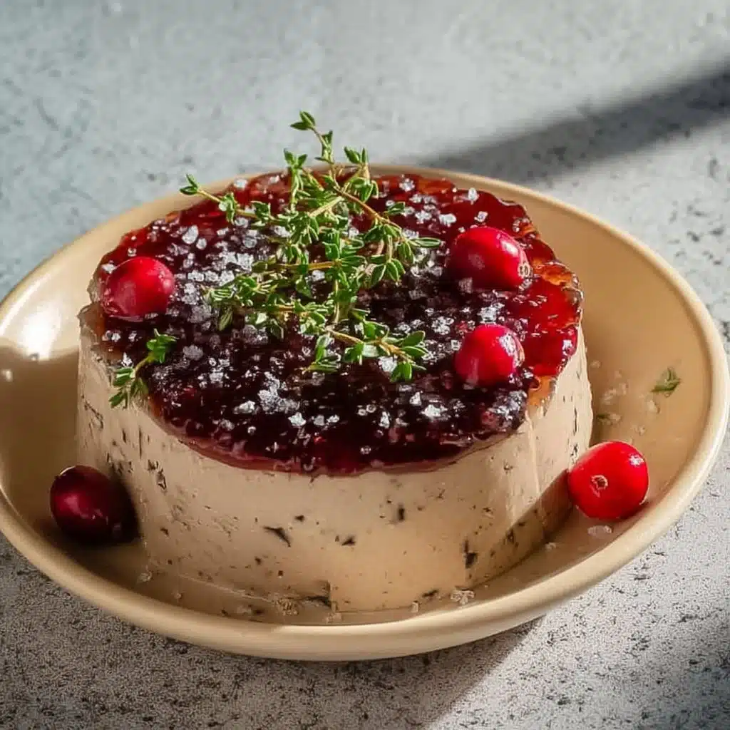 Delicious Turkey Liver Mousse served with a vibrant Cranberry Gelée on a rustic platter.