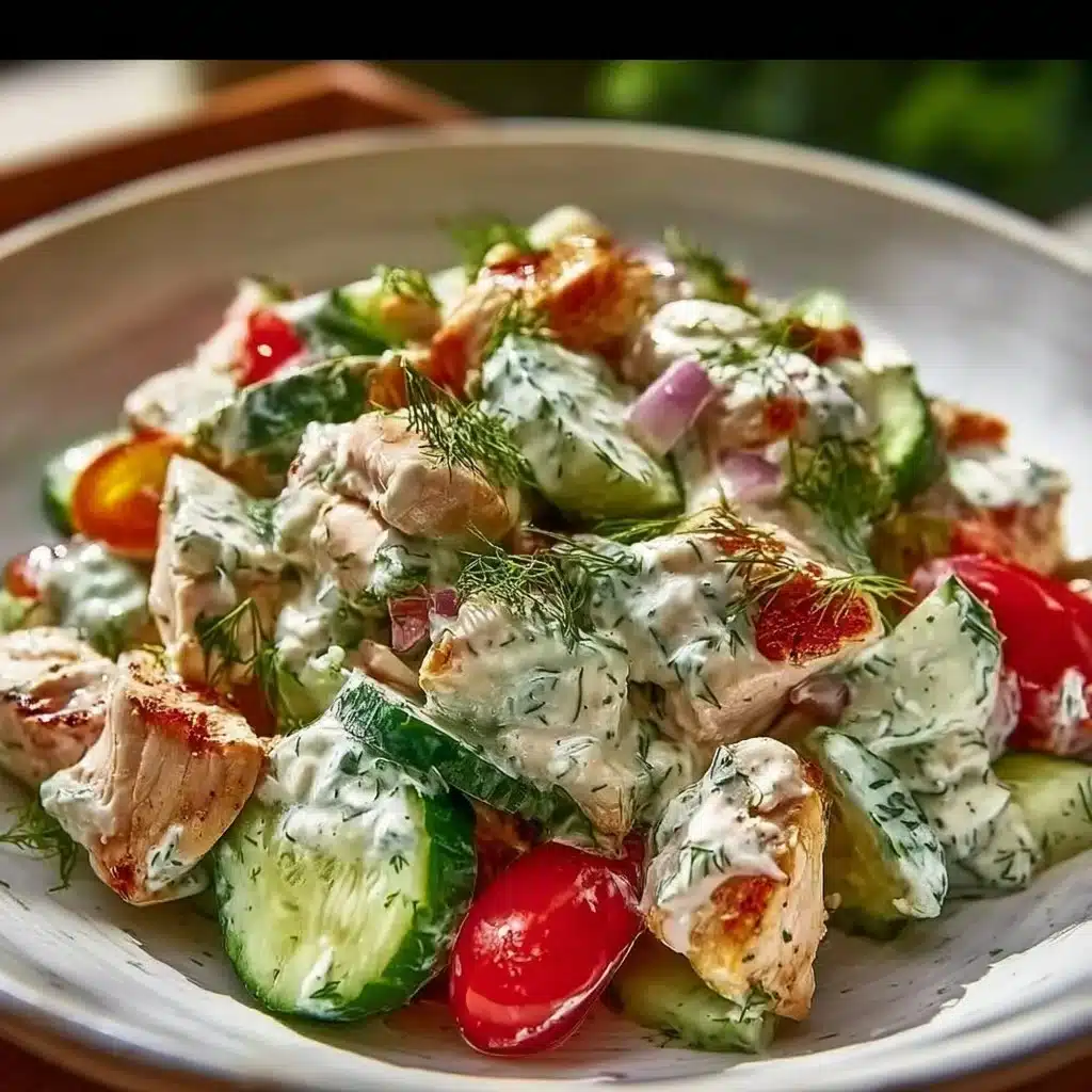 A bowl of Tzatziki Chicken Salad with chicken, cucumbers, and yogurt dressing