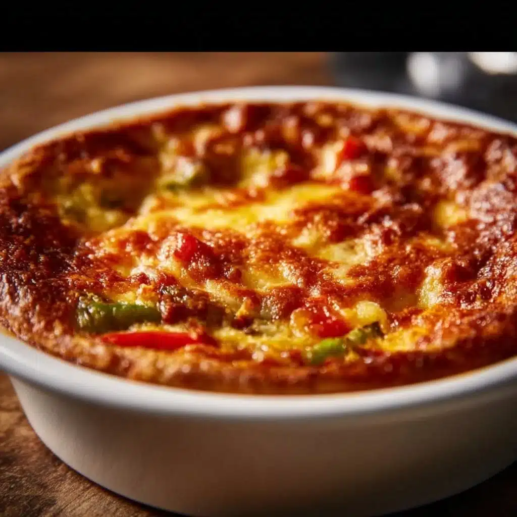 Ultimate Pizza Pot Pie filled with cheese, toppings, and flaky crust