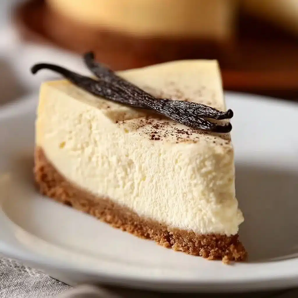 Slice of Vanilla Bean Brown Butter Cheesecake on a white plate