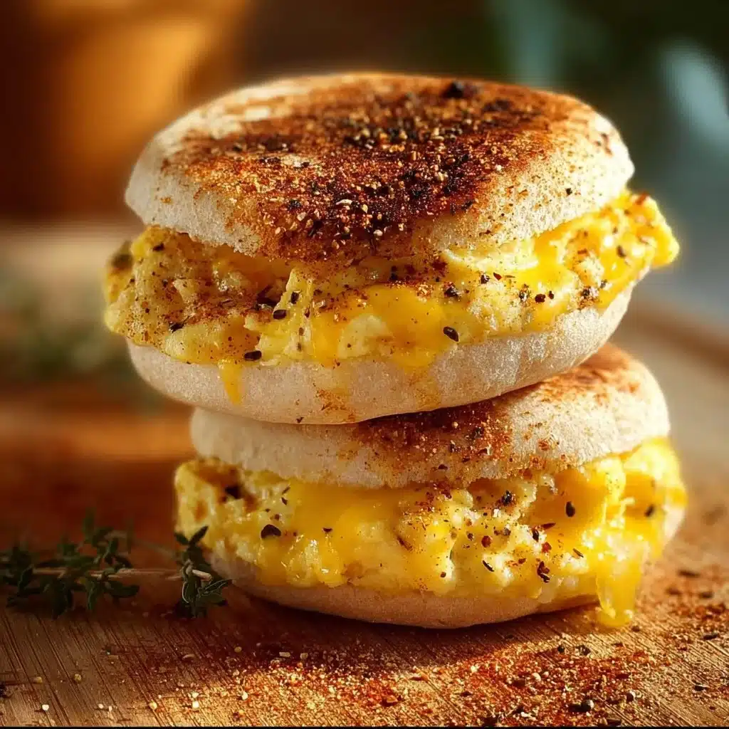 Viral egg sandwich muffin with fluffy eggs and savory toppings on a breakfast plate.