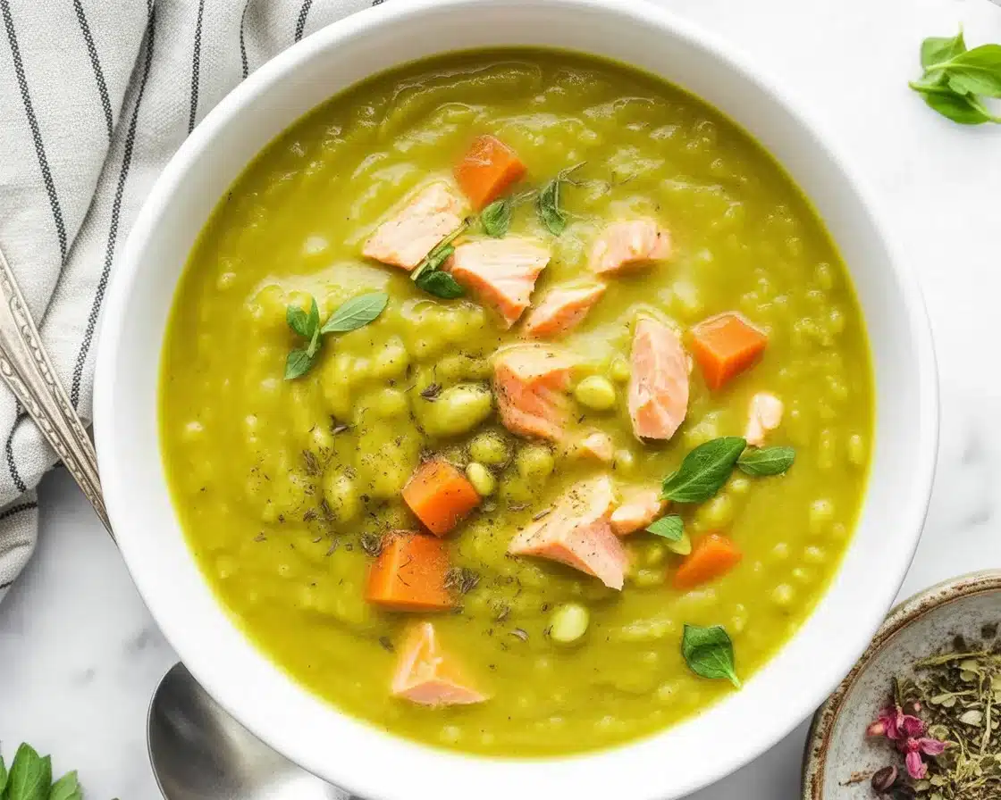 Bowl of Classic Split Pea Soup with ham and vegetables, perfect comfort food