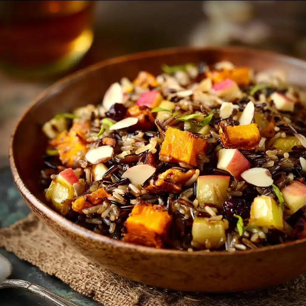 A colorful wild rice harvest bowl drizzled with fig balsamic vinaigrette and fresh vegetables.