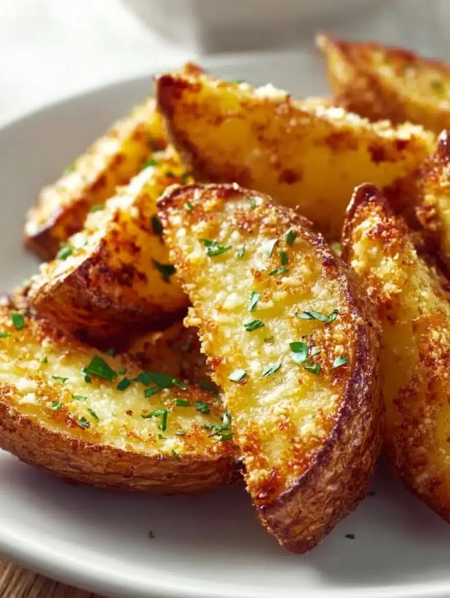 Crispy baked garlic Parmesan potato wedges on a plate