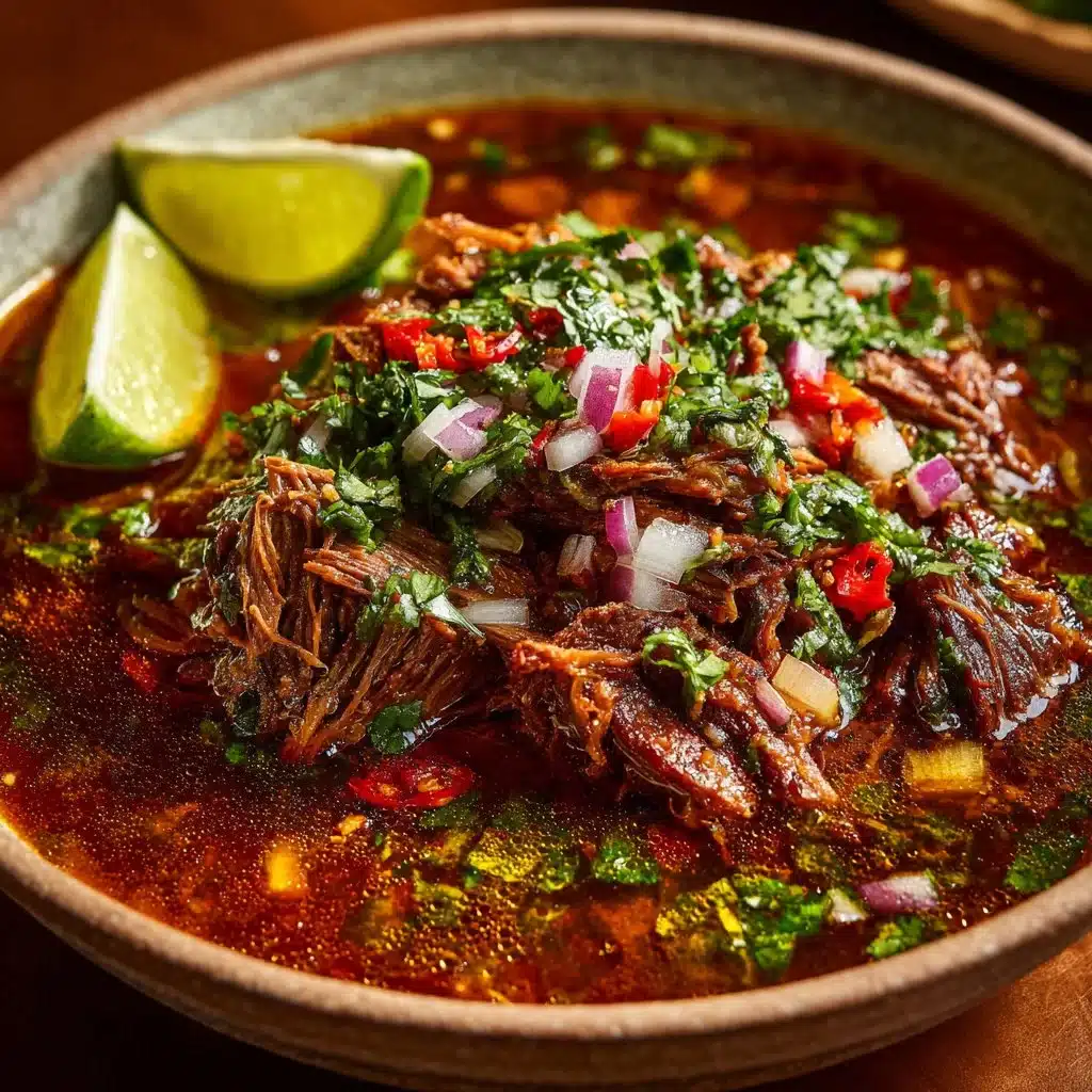 Bowl of authentic Mexican Birria served with fresh garnish and lime