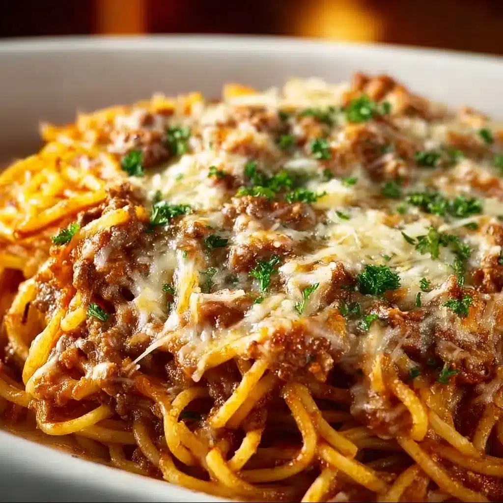 Baked beef spaghetti casserole topped with melted cheese and herbs
