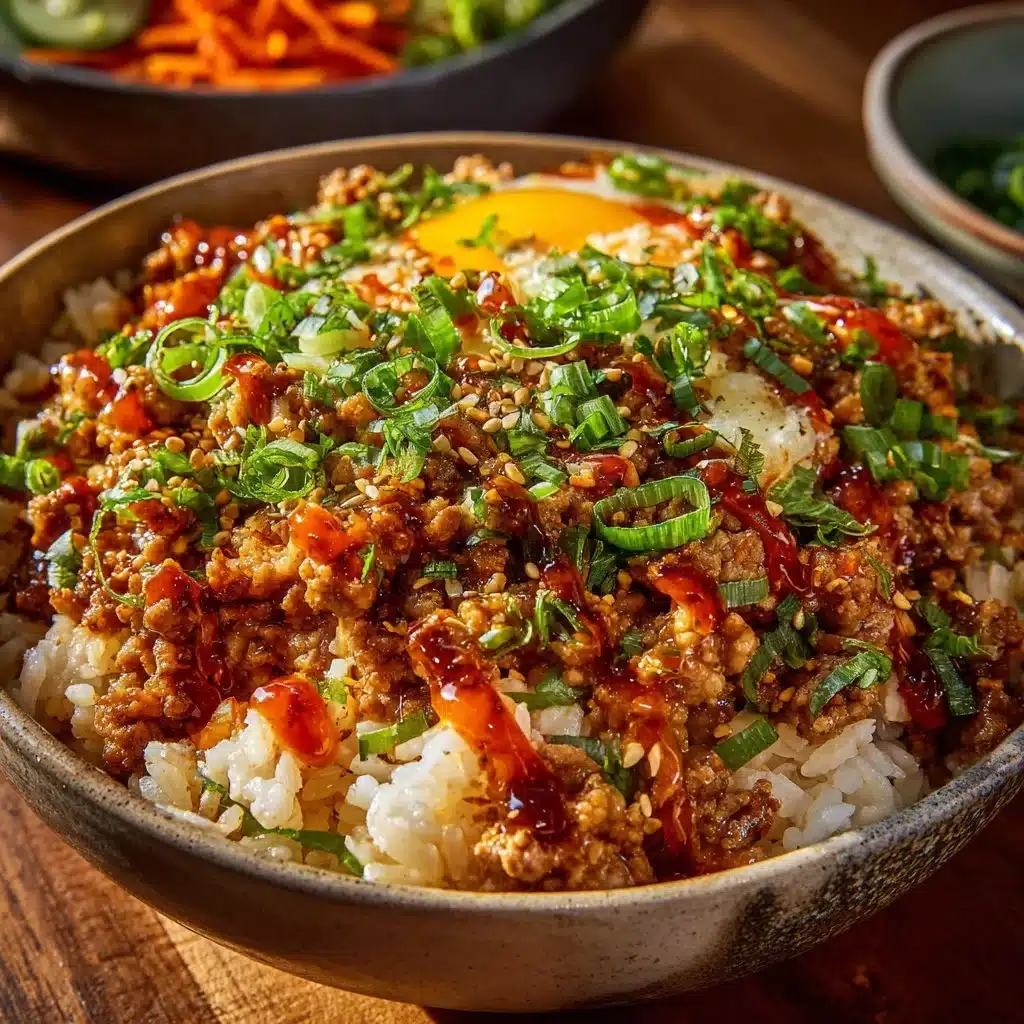 Bang Bang Ground Turkey Rice Bowls topped with fresh vegetables and sauce