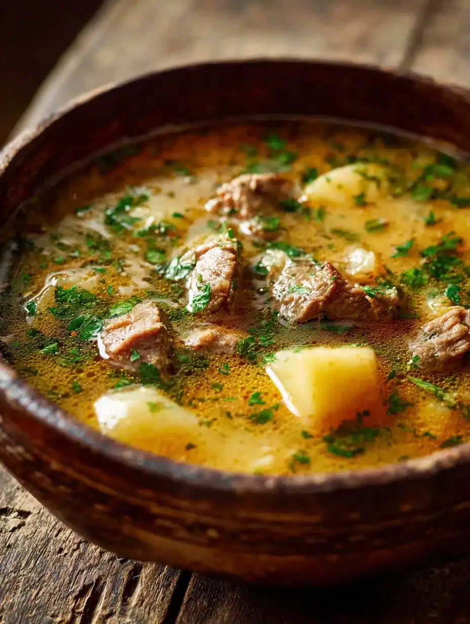 Bowl of beef potato soup with chunks of beef and potatoes