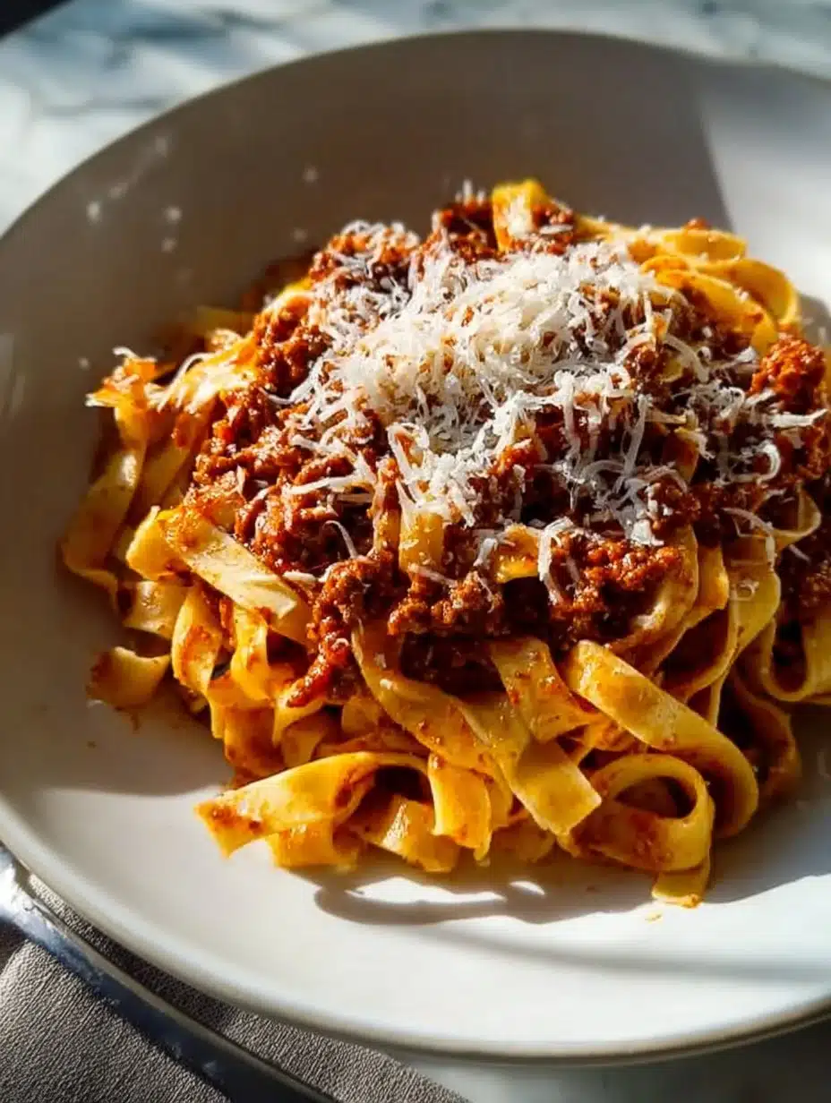 Delicious Bolognese Tagliatelle served with fresh herbs and grated cheese