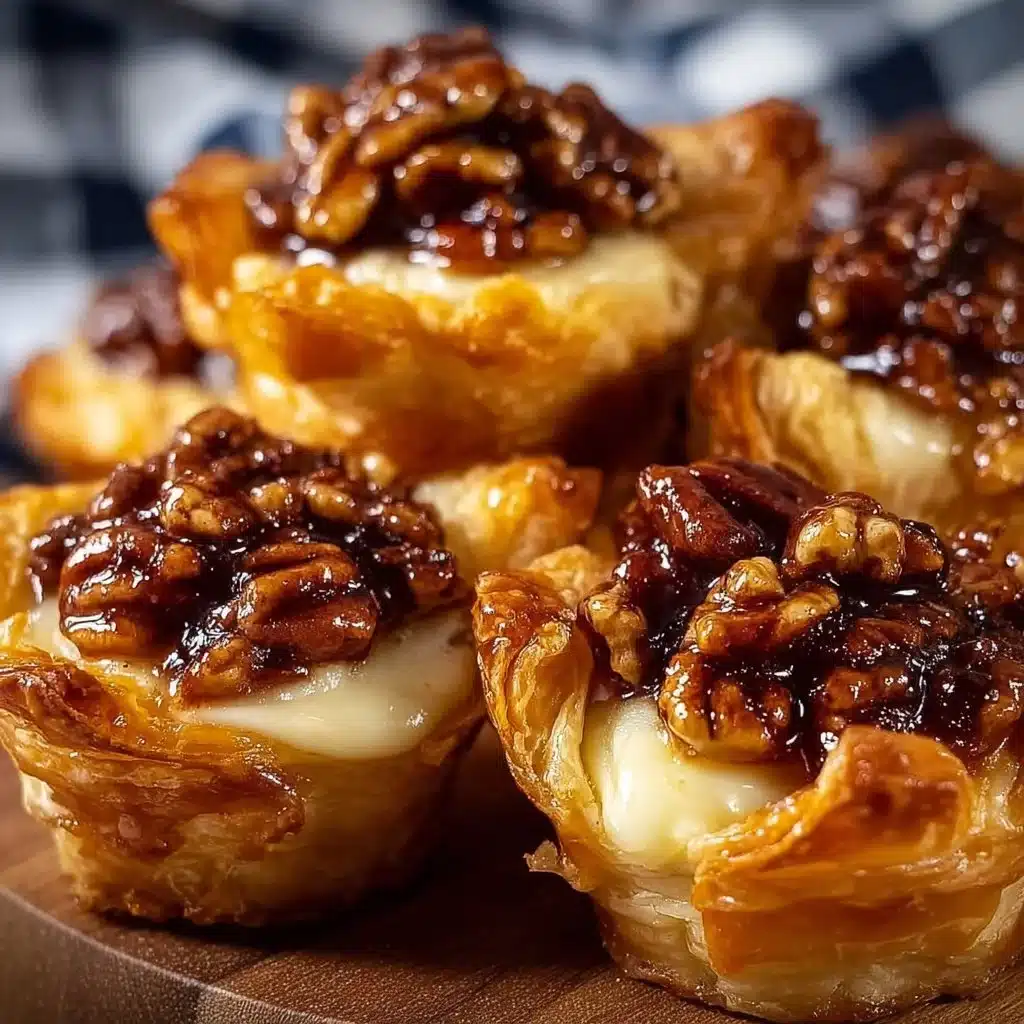 Delicious Bourbon Pecan Brie Bites served as an appetizer on a wooden platter