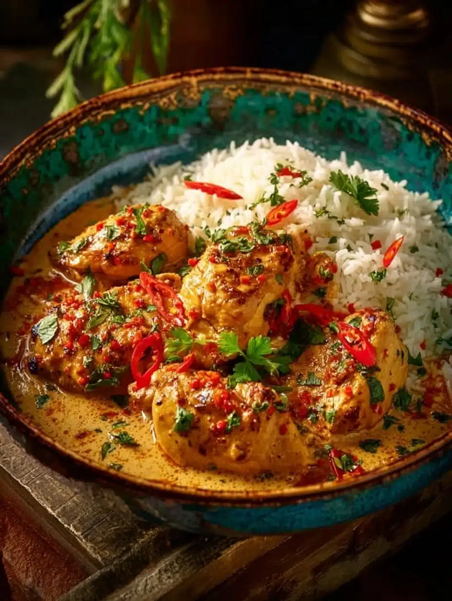Delicious Brazilian Coconut Chicken served with rice and fresh herbs