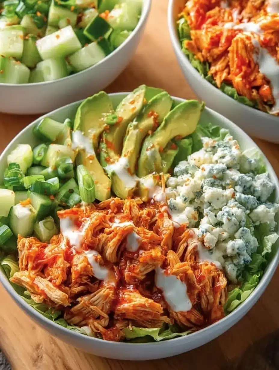 Delicious Buffalo chicken bowl topped with fresh vegetables and ranch dressing