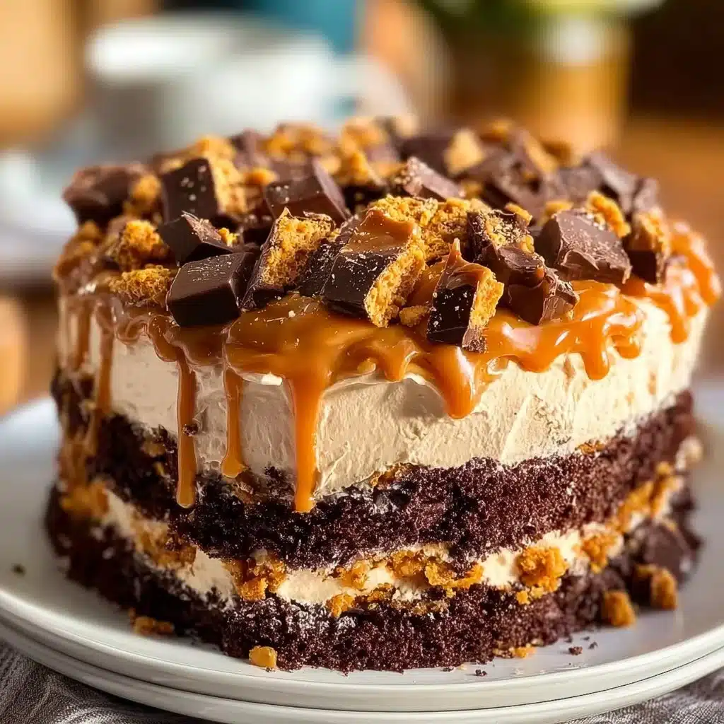 Delicious Butterfinger Bomb Cake topped with crushed Butterfinger candy.