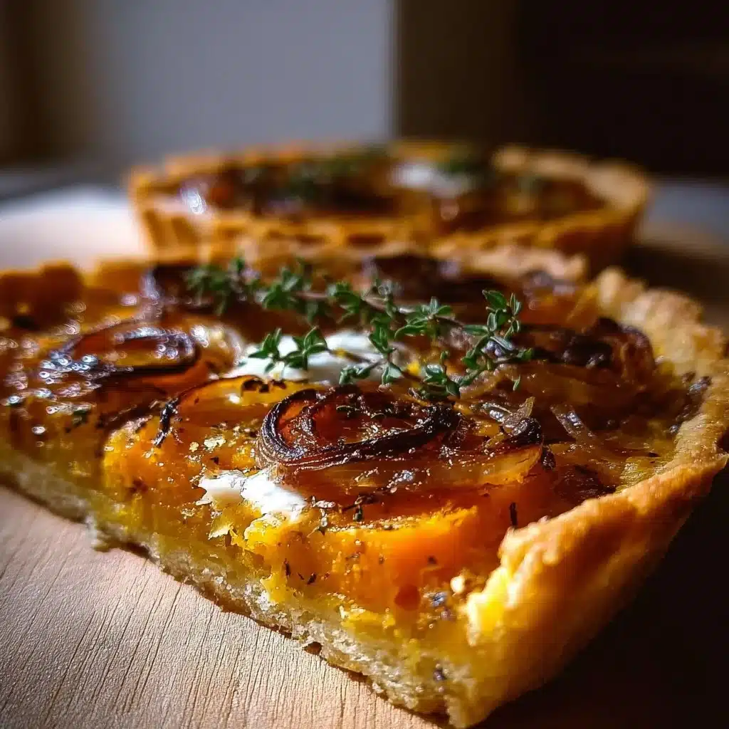 Butternut squash tart with caramelized onions on a rustic wooden table
