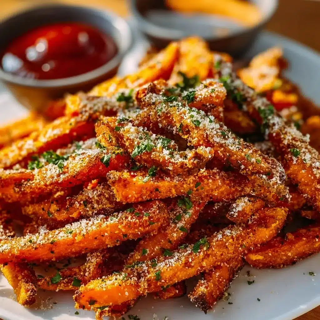 Cajun Parmesan sweet potato fries served in a bowl with a dip.