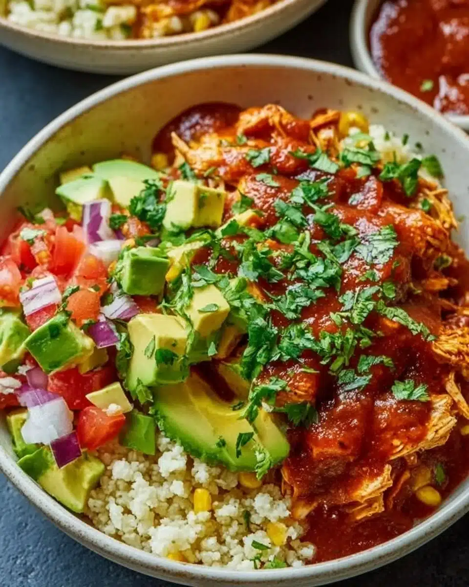 Healthy Chicken Enchilada Cauliflower Rice Bowl topped with fresh ingredients