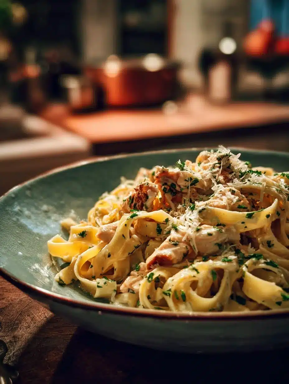 Delicious bowl of creamy Chicken Tagliatelle topped with herbs and parmesan