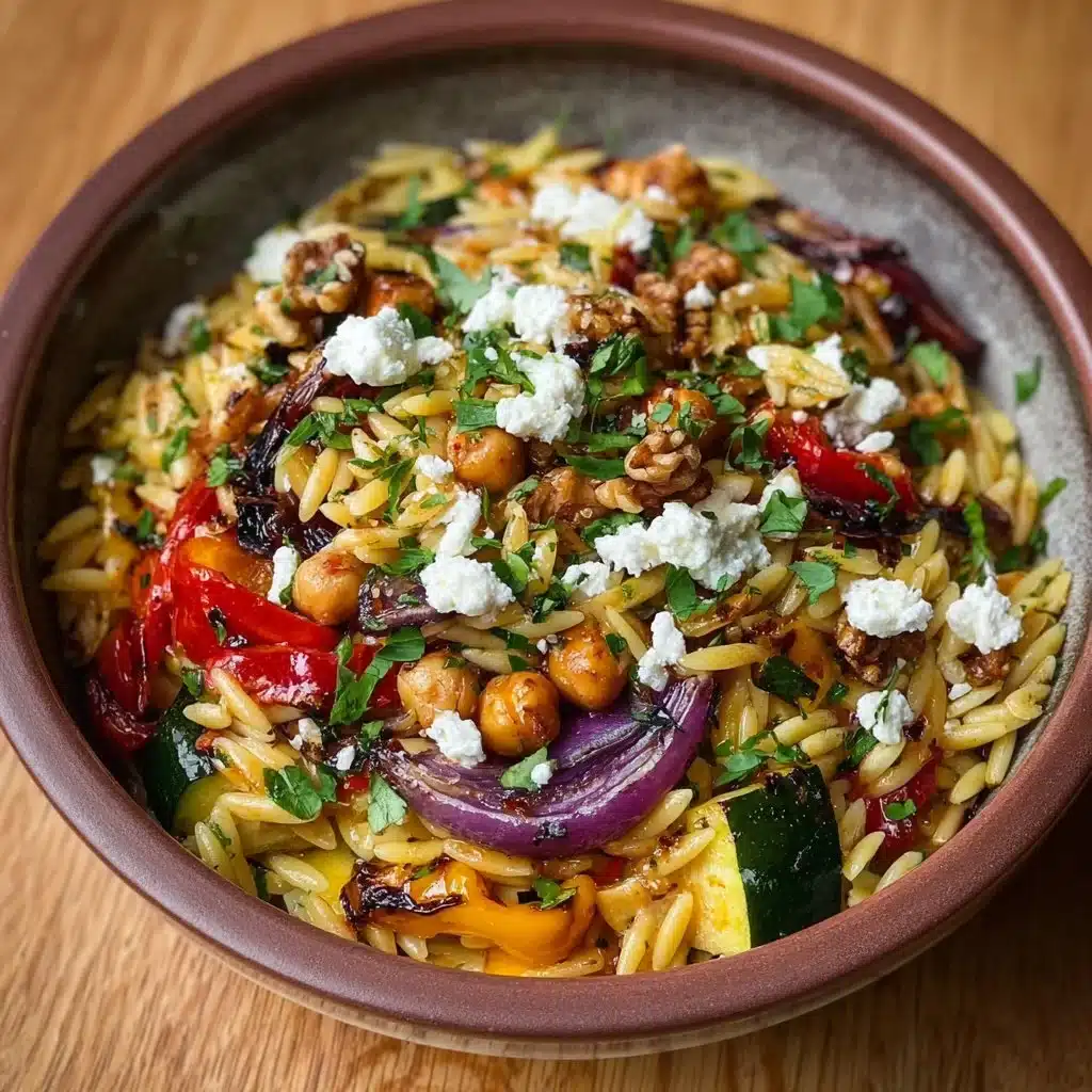 Chickpea Orzo Bowl topped with creamy goat cheese and fresh vegetables