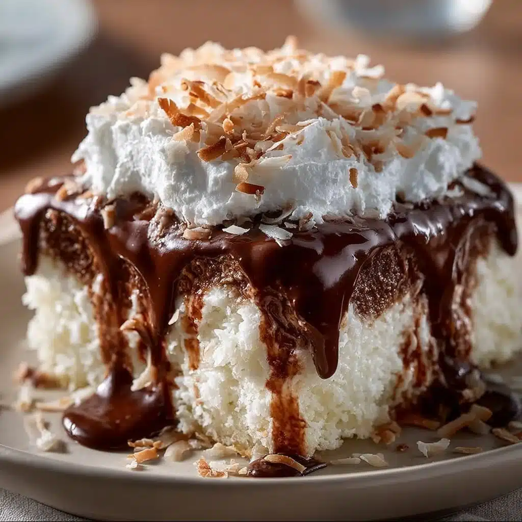 Delicious Chocolate Coconut Cream Poke Cake with a creamy topping and coconut flakes.