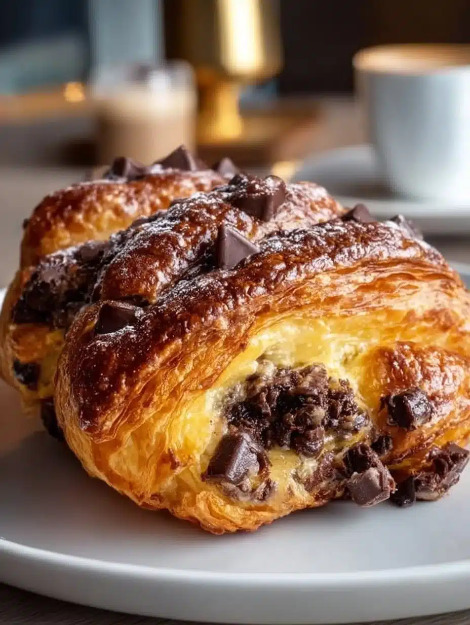 Chocolate croissant breakfast bake served on a plate with fresh berries.