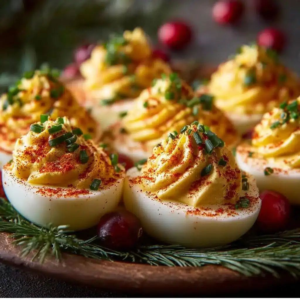 Christmas Deviled Eggs decorated with herbs and spices on a festive platter