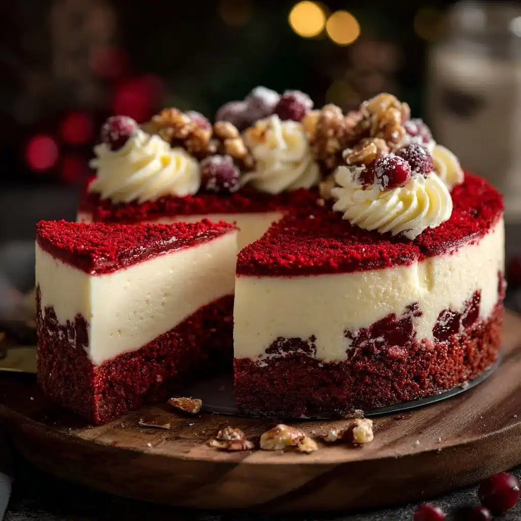 Christmas Red Velvet Cheesecake topped with whipped cream and festive decorations
