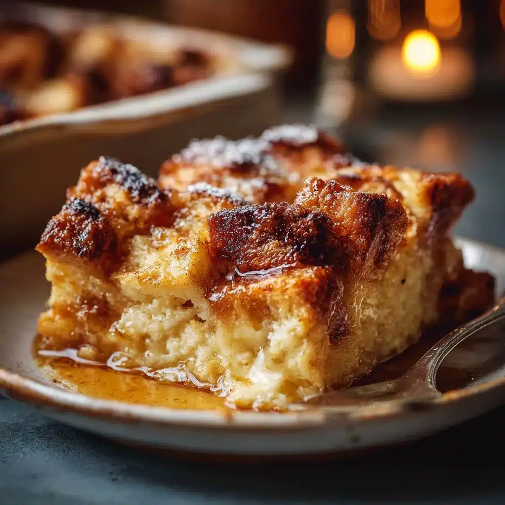 Cinnamon bagel bread pudding served in a dish, topped with caramel sauce and cinnamon.
