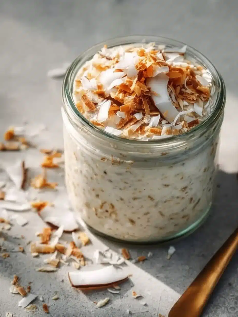 Delicious coconut overnight oats served in a jar with fresh fruit.