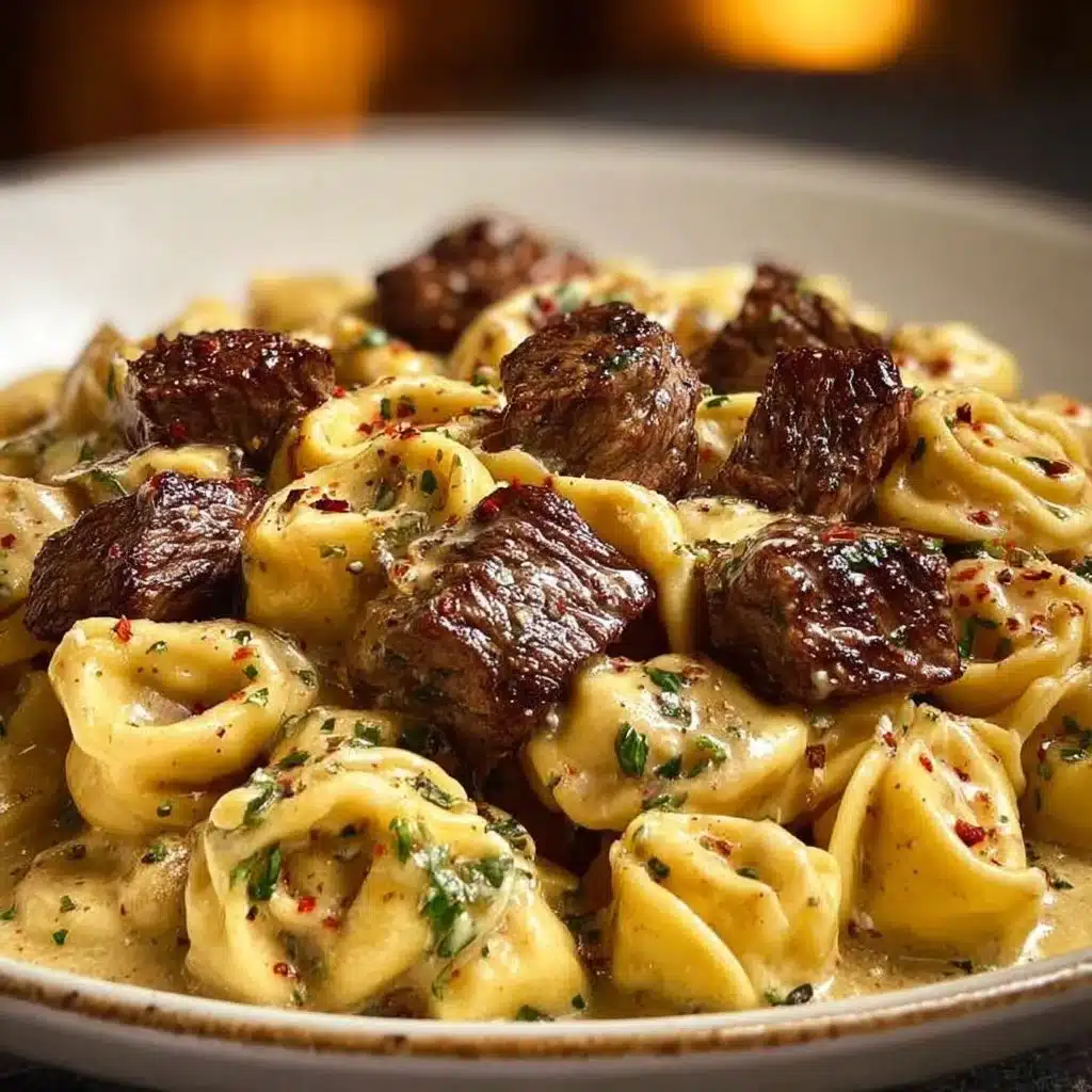 Cracked Garlic Steak Tortellini served in creamy sauce
