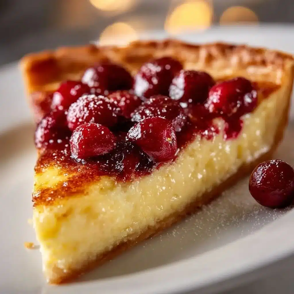 Delicious cranberry custard pie topped with fresh cranberries and custard filling