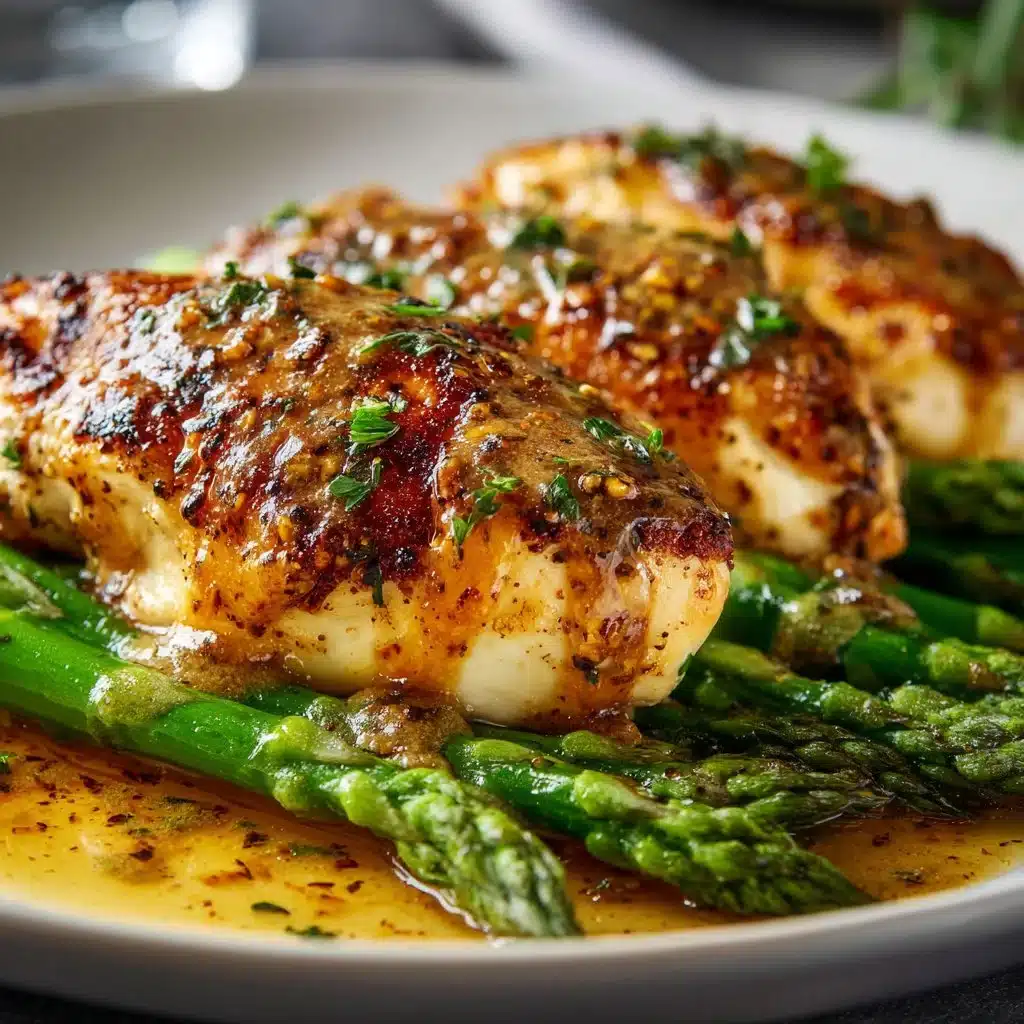 Creamy baked chicken served with asparagus on a white plate