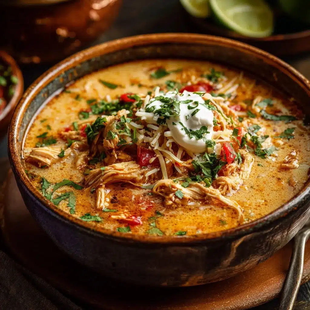 Creamy chicken enchilada soup served in a bowl with toppings.