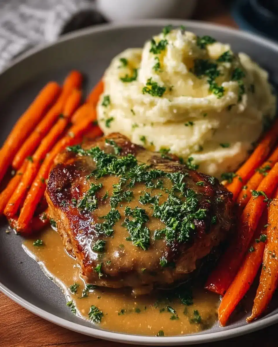 Plate of creamy herb chicken with mashed potatoes and glazed carrots
