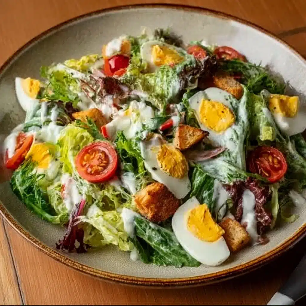 Creamy Italian dressing poured over fresh salad ingredients