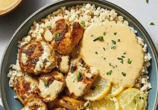 Creamy lemon butter chicken served with crispy vegetables on a plate