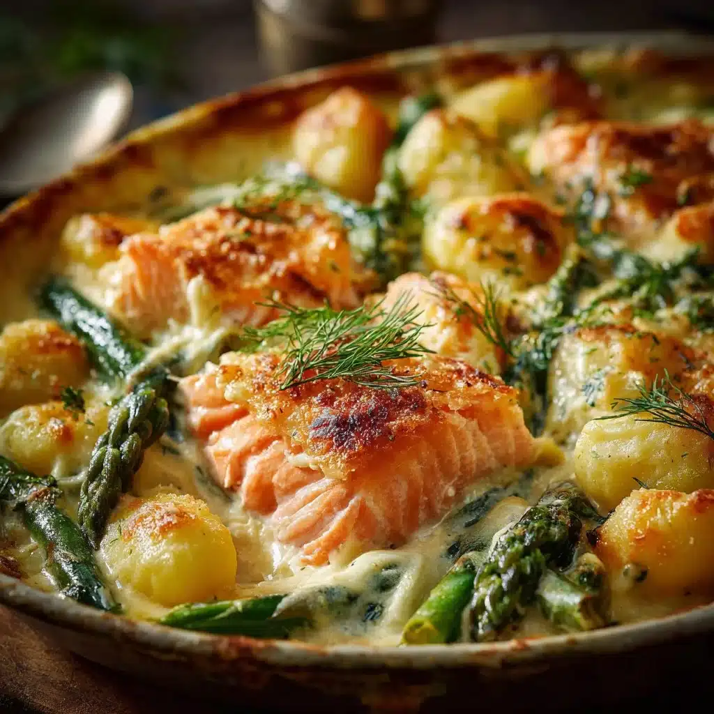 Creamy salmon gnocchi bake topped with herbs and cheese
