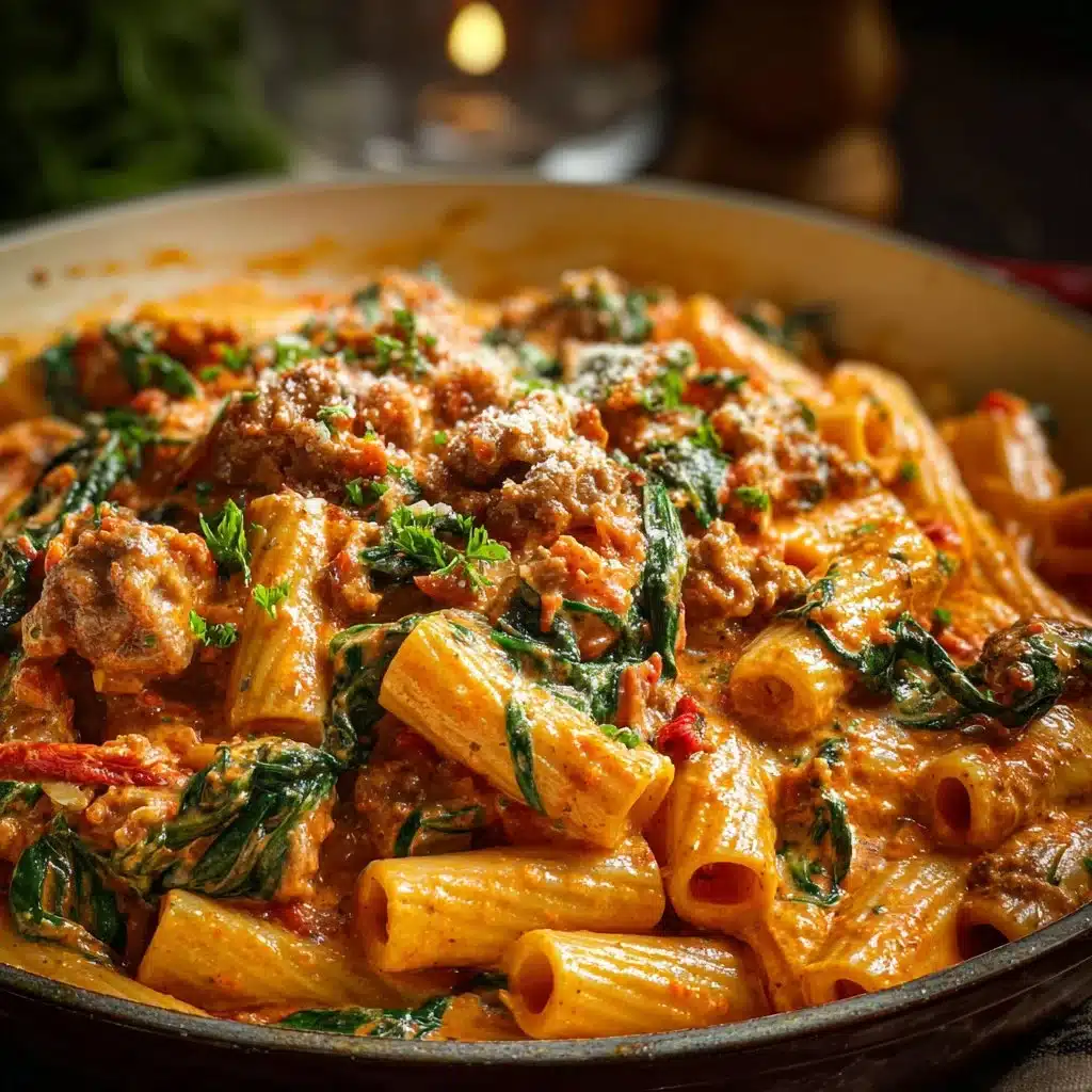 Creamy sausage rigatoni with spinach and tomato cream sauce