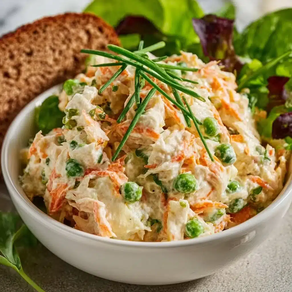 A bowl of creamy seafood salad with shrimp and vegetables