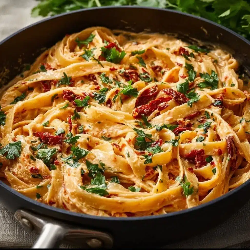 Creamy vegan sun-dried tomato pasta served in a bowl with herbs