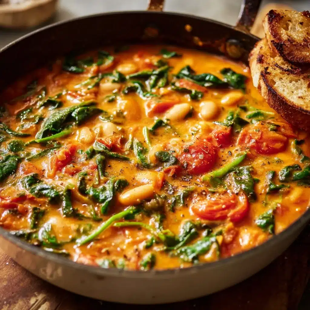 Creamy vegan tomato white bean stew in a bowl, garnished with fresh herbs.