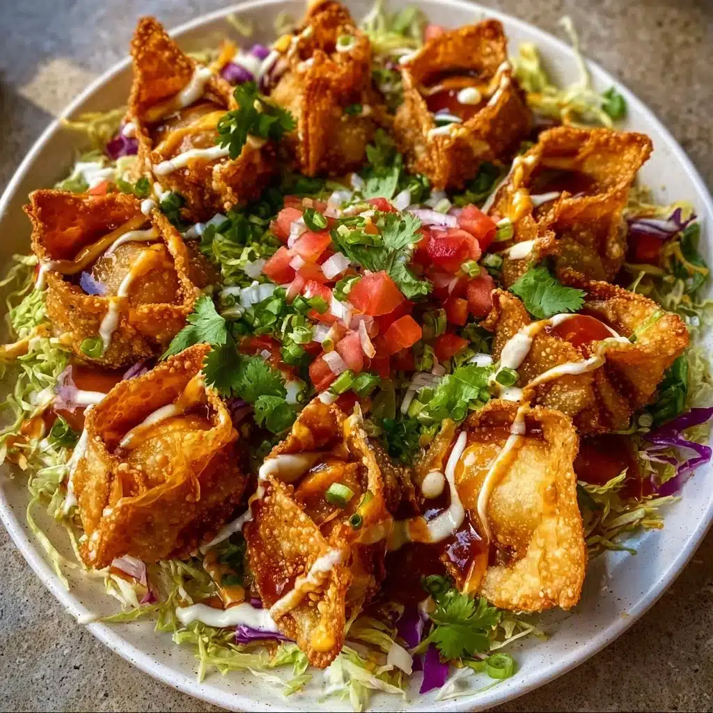 Crispy Chicken Wonton Tacos garnished and served on a plate