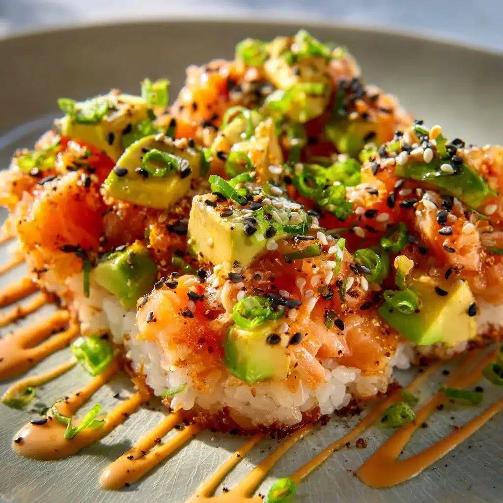 Plate of crispy rice salmon garnished with herbs and served with dipping sauce