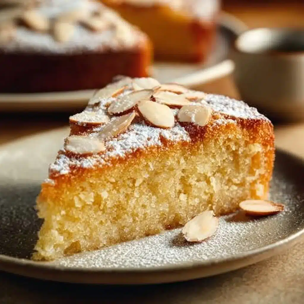 Delicious slice of decadent Italian Almond Cake garnished with almonds.