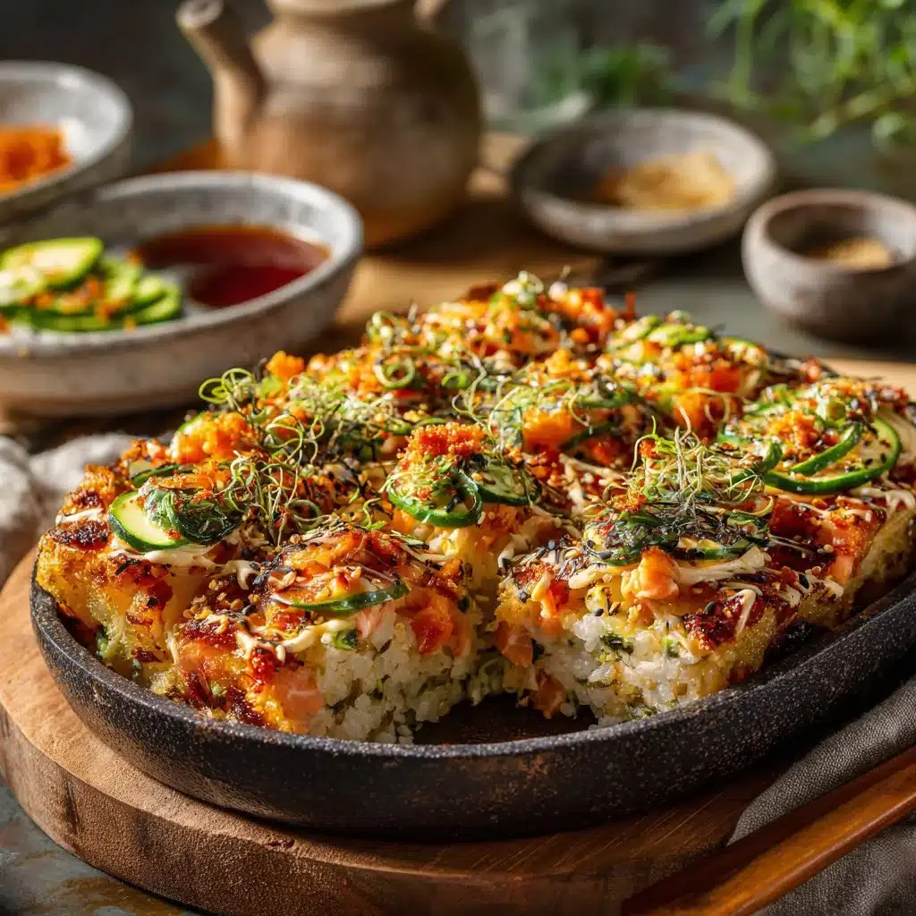 Deconstructed California Roll Sushi Bake topped with sushi ingredients
