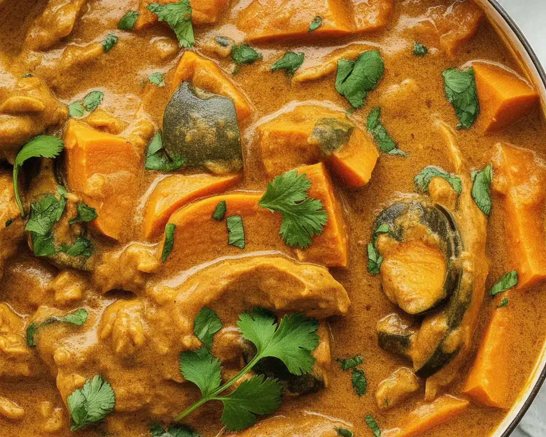 Delicious Chicken Sweet Potato Curry with coconut milk and spices in a bowl.